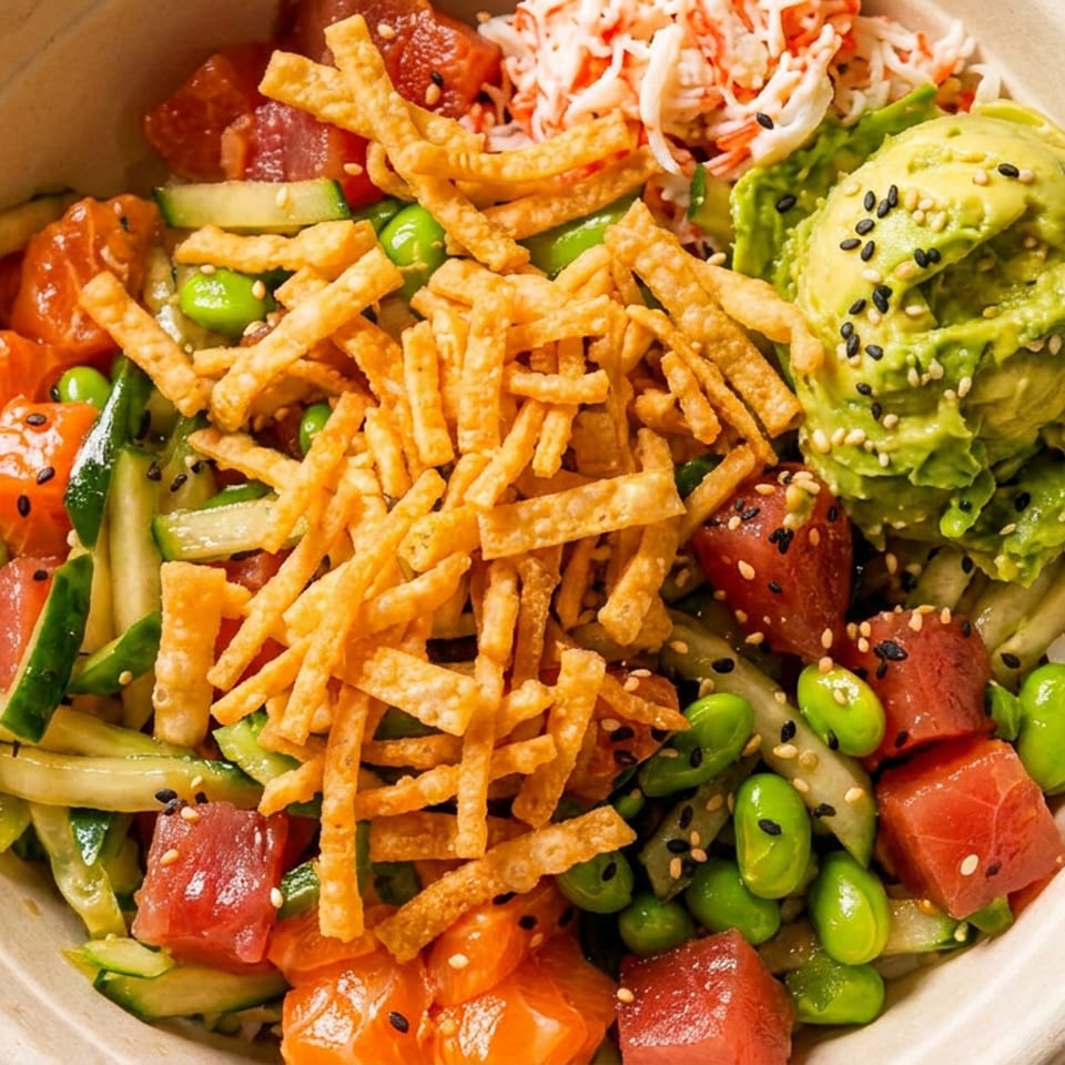 Colorful poke bowl with tuna, salmon, avocado, edamame, cucumber, crab, and crispy toppings.