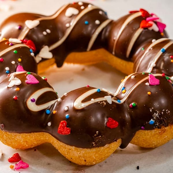 Mochi donut with chocolate glaze, white icing drizzle, and colorful heart-shaped sprinkles.