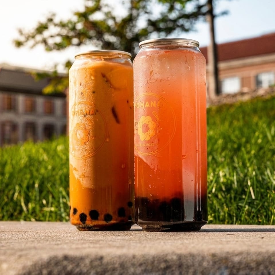 Ohana canned boba drinks, one orange and one red, on a concrete surface outdoors.