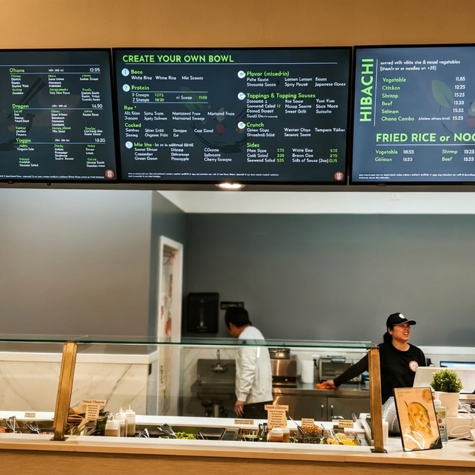 Digital menu boards display food options above a restaurant counter with staff and fresh ingredients.