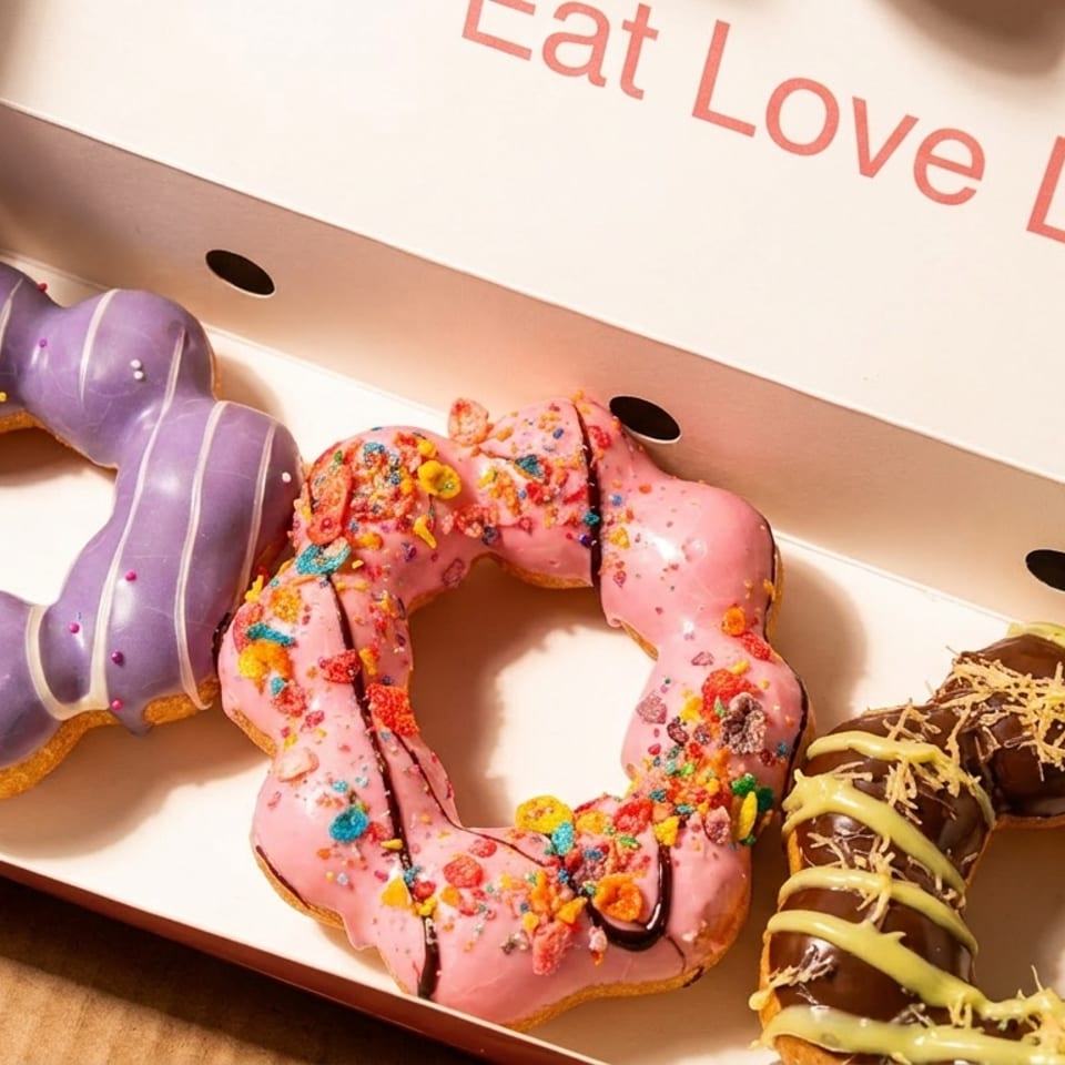 Three colorful mochi donuts: purple, pink with cereal, and chocolate, in a box with 'Eat Love Life' text.