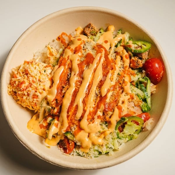 Vibrant bowl with rice, fried chicken, crab salad, fresh vegetables, and two drizzled sauces.