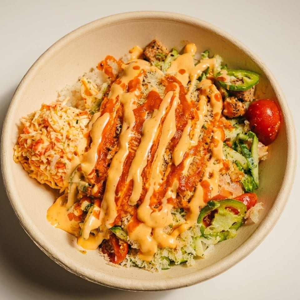 Vibrant bowl with rice, fried chicken, crab salad, fresh vegetables, and two drizzled sauces.