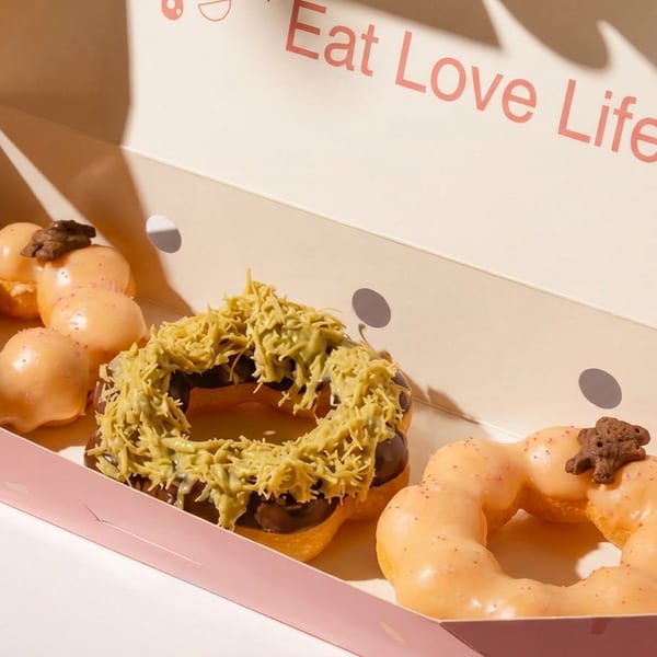Three mochi donuts in a pink box with 'Eat Love Life' text, two peach-glazed, one chocolate with green topping.